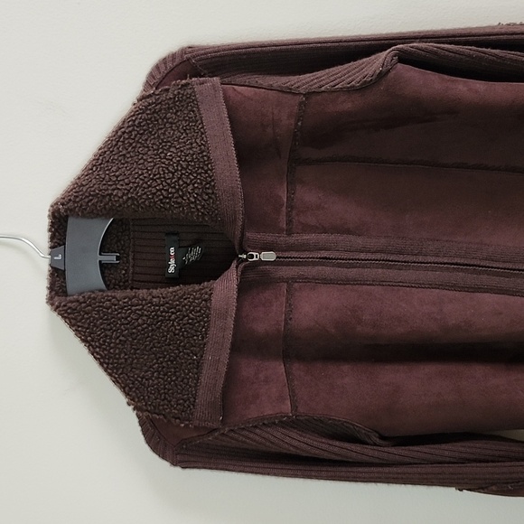 Style & Co brown wool blend full zip faux suede sweater fall staple ribbed Large - Picture 2 of 7